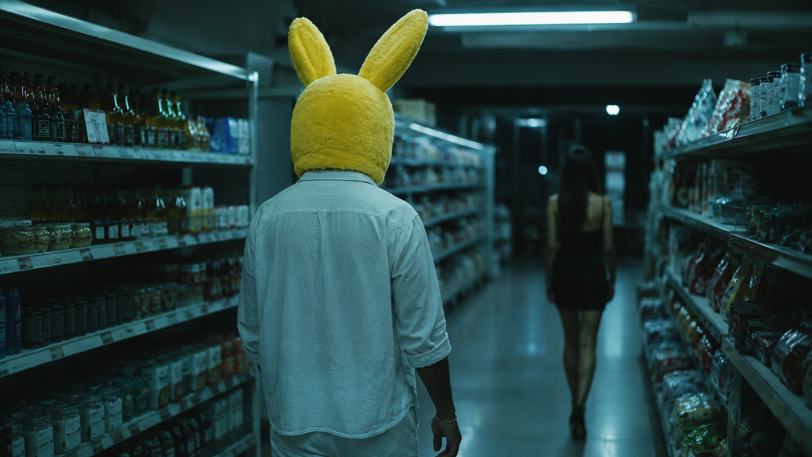 Yellow Bun-E walking through a night aisle