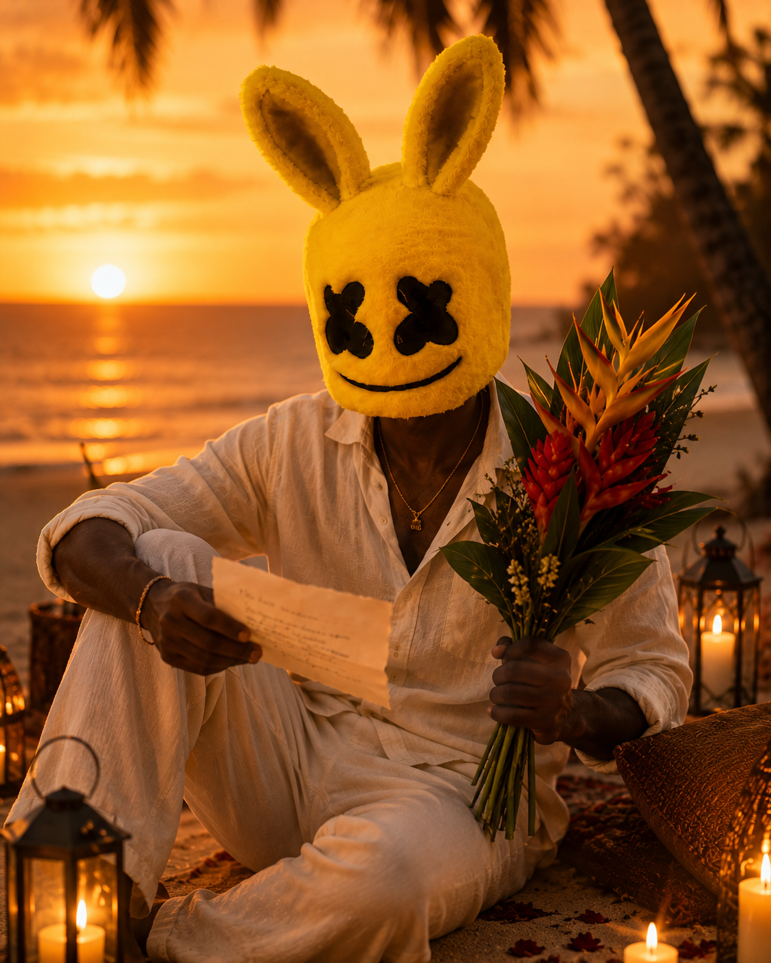 Yellow Bun-E at sunset holding flowers